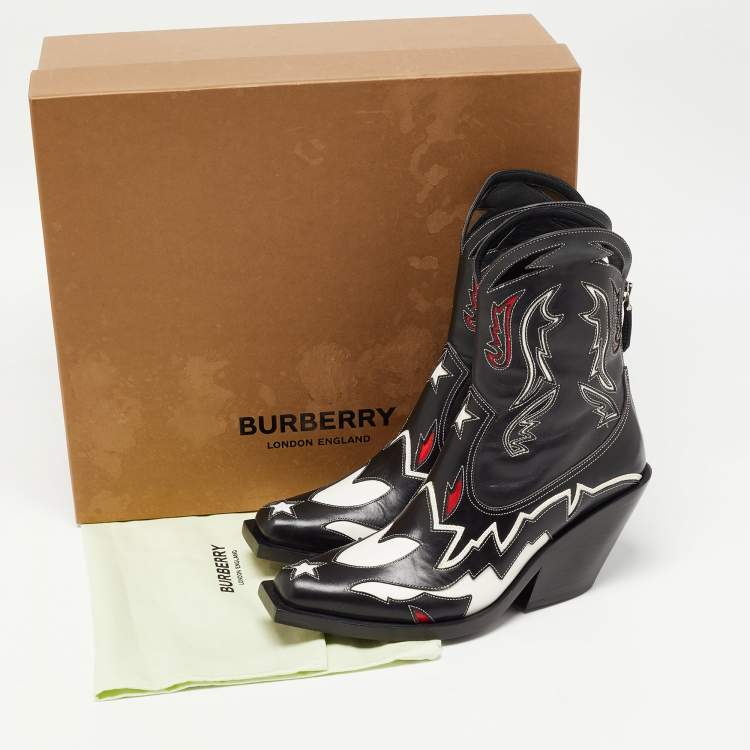 Pre Owned Burberry Black Leather Topstitch Applique Matlock Cowboy Ankle Boots Size 38