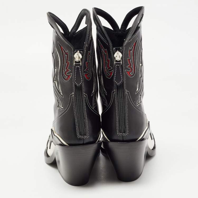 Pre Owned Burberry Black Leather Topstitch Applique Matlock Cowboy Ankle Boots Size 38