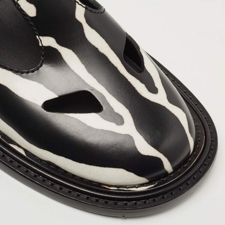 Pre Owned Burberry Black/White Leather Zebra Print T Bar Loafers Size 37