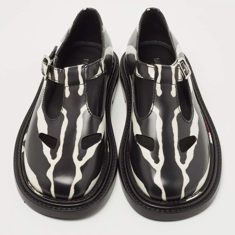 Pre Owned Burberry Black/White Leather Zebra Print T Bar Loafers Size 37