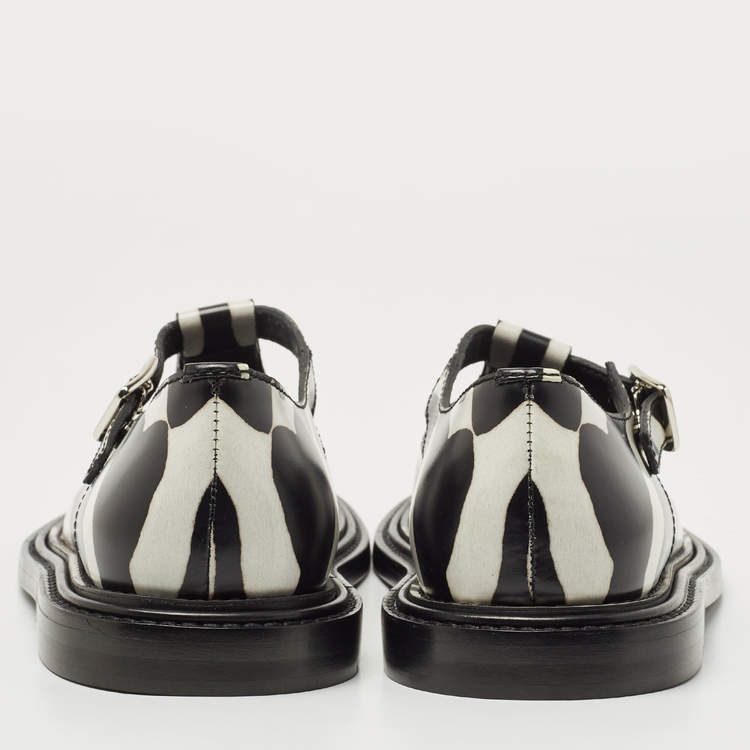 Pre Owned Burberry Black/White Leather Zebra Print T Bar Loafers Size 37