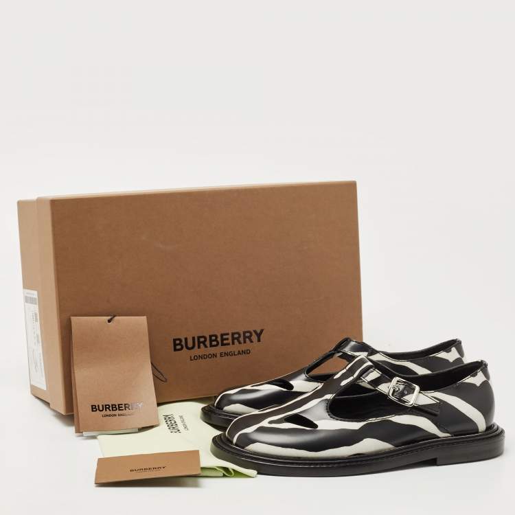 Pre Owned Burberry Black/White Leather Zebra Print T Bar Loafers Size 37