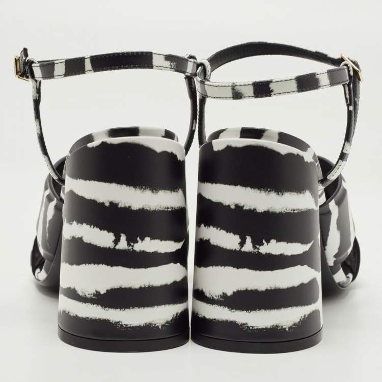 Pre Owned Burberry Black/White Leather Castlebar Block Heel Ankle Strap Sandals Size 38