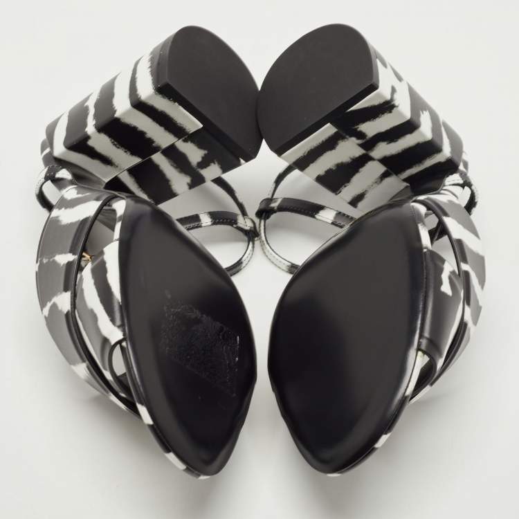 Pre Owned Burberry Black/White Leather Castlebar Block Heel Ankle Strap Sandals Size 38