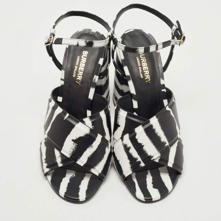 Pre Owned Burberry Black/White Leather Castlebar Block Heel Ankle Strap Sandals Size 38