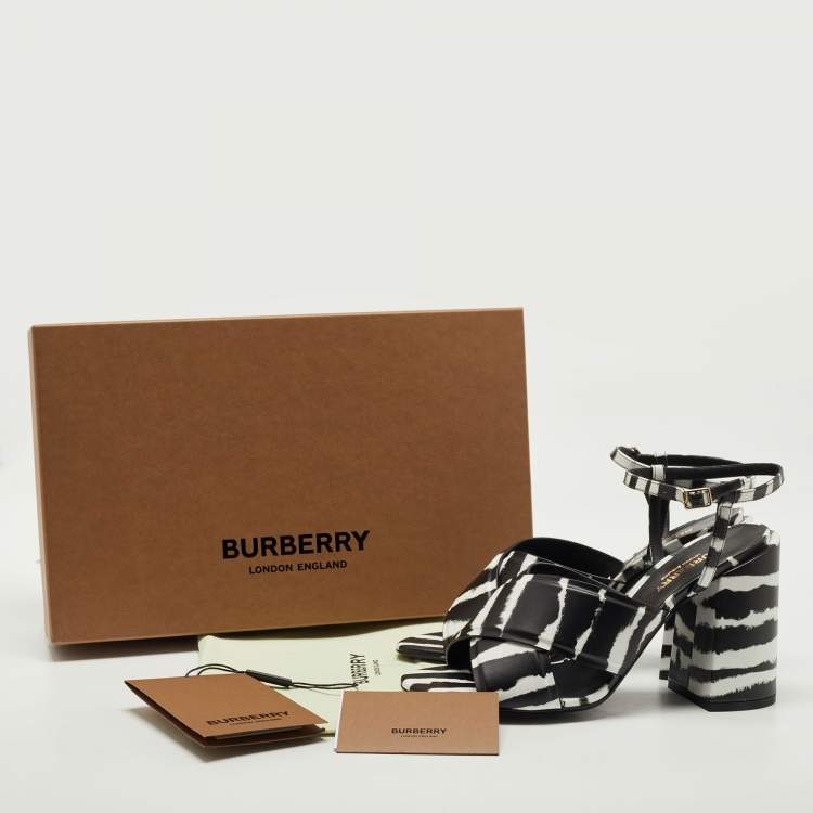 Pre Owned Burberry Black/White Leather Castlebar Block Heel Ankle Strap Sandals Size 38