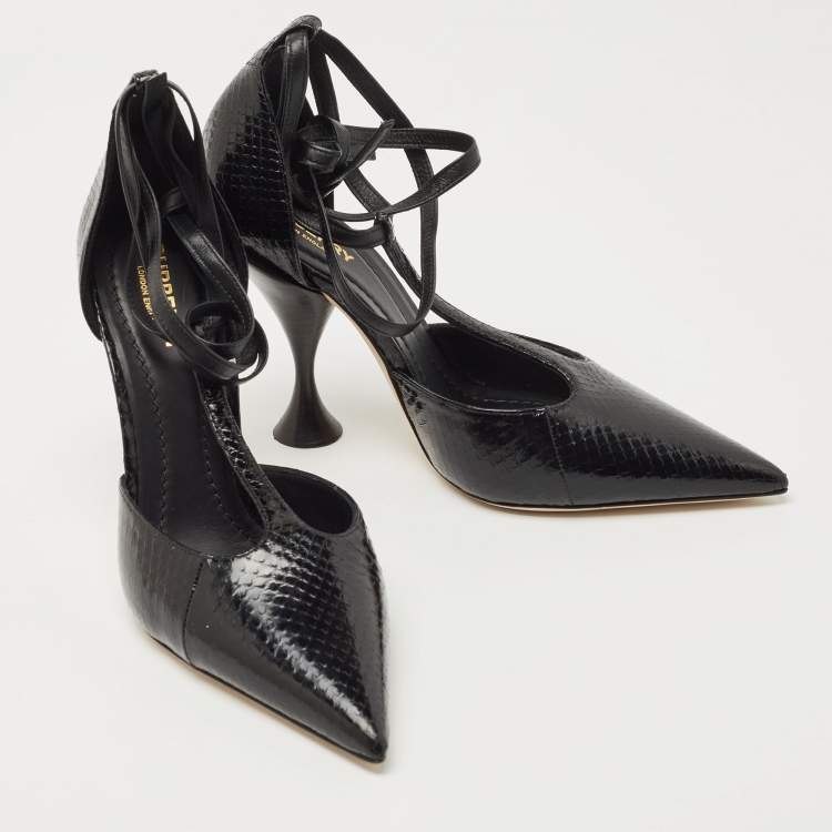 Pre Owned Burberry Black Python Embossed Leather Welton Pointed Toe  T Ankle Strap Pumps Size 37