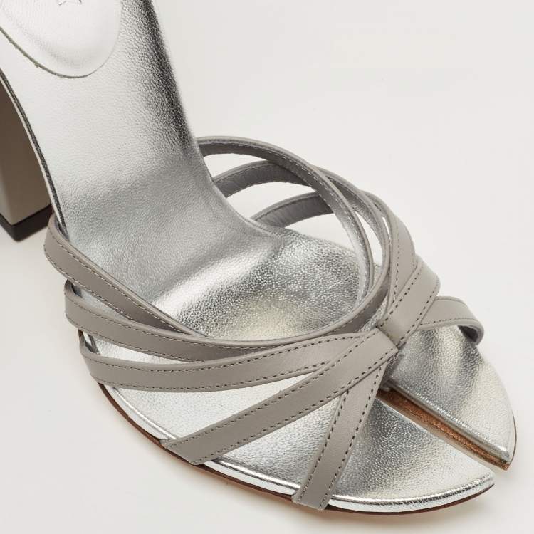 Pre Owned Burberry Grey Leather Block Heel Ankle Strap Sandals Size 39