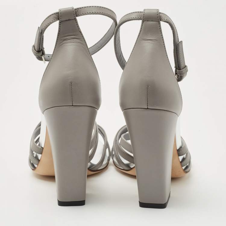 Pre Owned Burberry Grey Leather Block Heel Ankle Strap Sandals Size 39