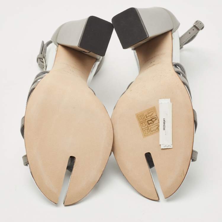 Pre Owned Burberry Grey Leather Block Heel Ankle Strap Sandals Size 39