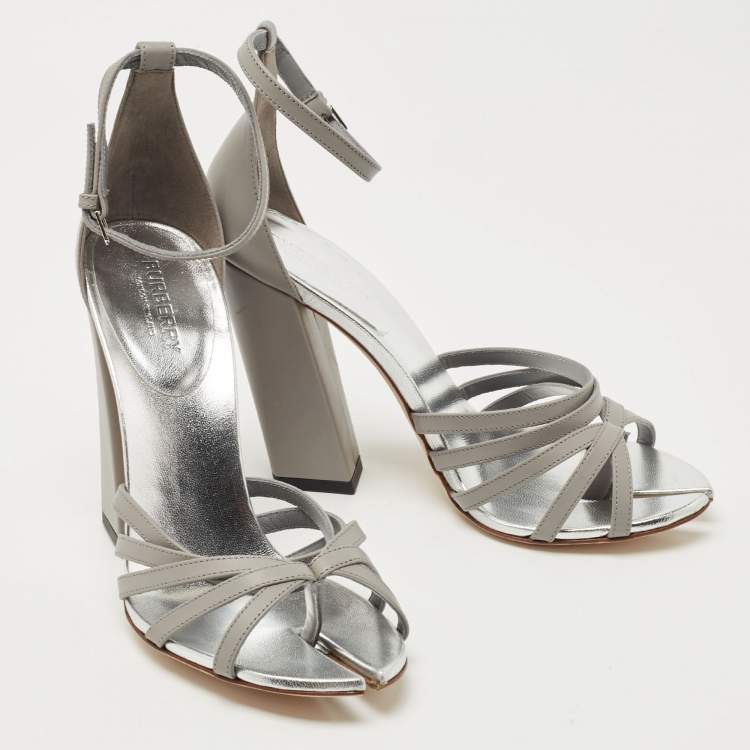 Pre Owned Burberry Grey Leather Block Heel Ankle Strap Sandals Size 39