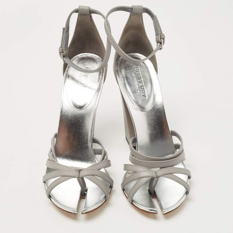 Pre Owned Burberry Grey Leather Block Heel Ankle Strap Sandals Size 39
