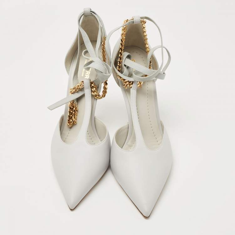 Pre Owned Burberry Pebble Grey Leather Welton Chain Detail T-Strap Ankle-Tie Pumps Size 39