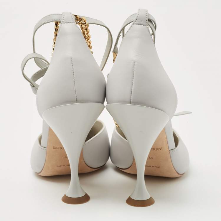 Pre Owned Burberry Pebble Grey Leather Welton Chain Detail T-Strap Ankle-Tie Pumps Size 39