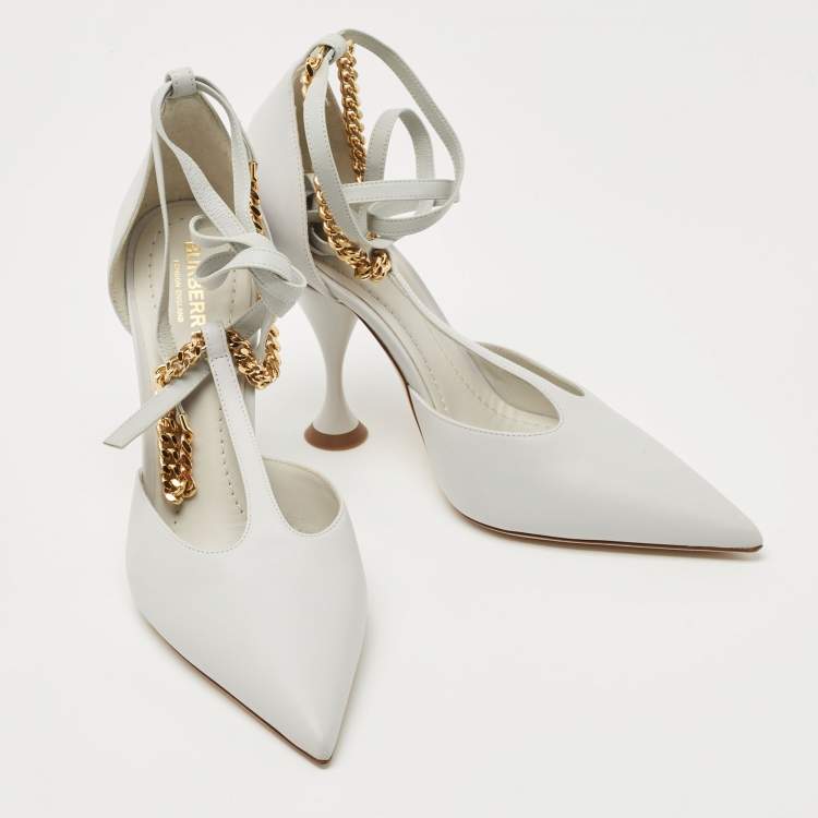Pre Owned Burberry Pebble Grey Leather Welton Chain Detail T-Strap Ankle-Tie Pumps Size 39