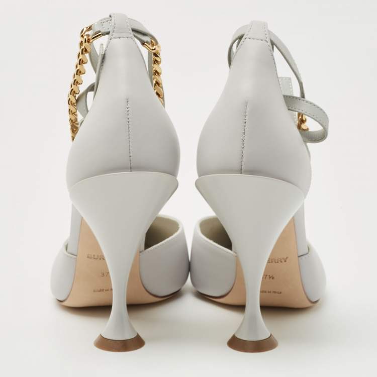 Pre Owned Burberry Pebble Grey Leather Welton Chain Detail T Strap Ankle Tie Pumps Size 37.5