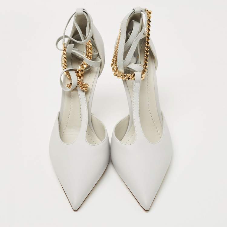 Pre Owned Burberry Pebble Grey Leather Welton Chain Detail T Strap Ankle Tie Pumps Size 37.5