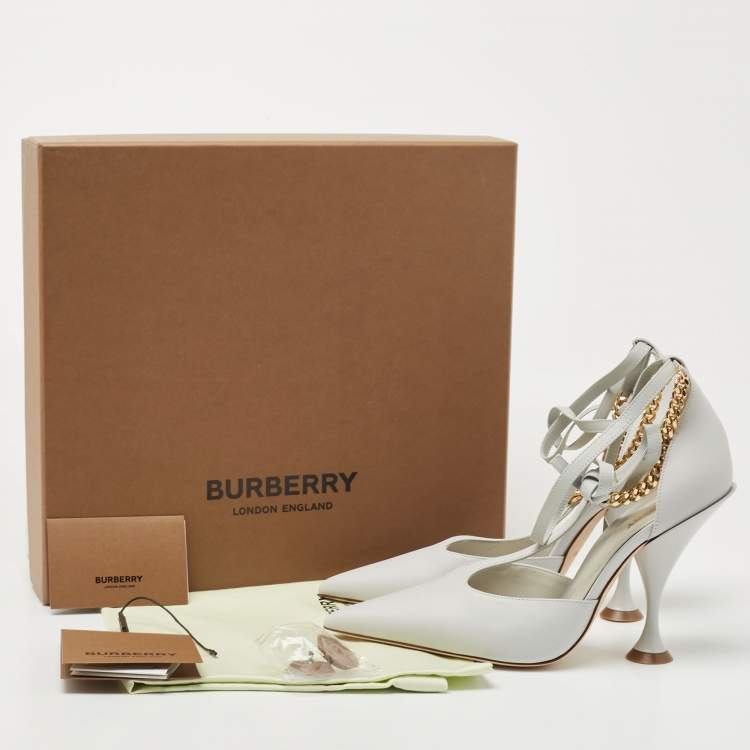 Pre Owned Burberry Pebble Grey Leather Welton Chain Detail T Strap Ankle Tie Pumps Size 37.5