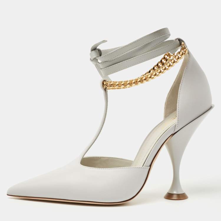 Pre Owned Burberry Pebble Grey Leather Welton Chain Detail T Strap Ankle Tie Pumps Size 37.5