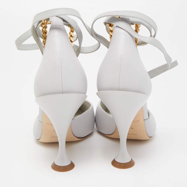 Pre Owned Burberry Pebble Grey Leather Welton Chain Detail T Strap Ankle Tie Pumps Size 36.5