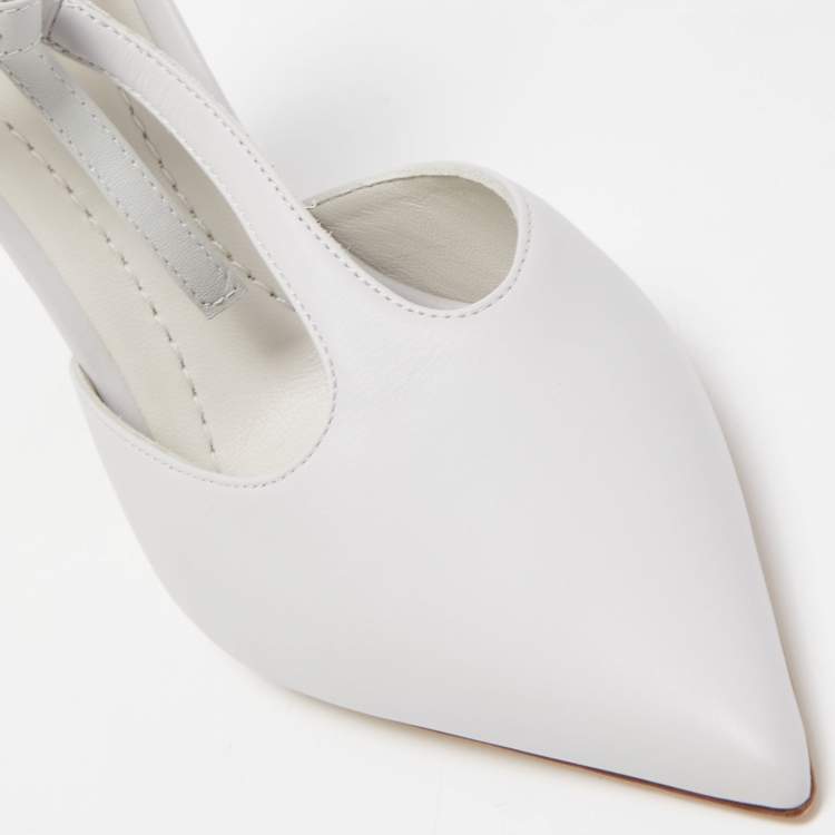 Pre Owned Burberry Pebble Grey Leather Welton Chain Detail T Strap Ankle Tie Pumps Size 36.5