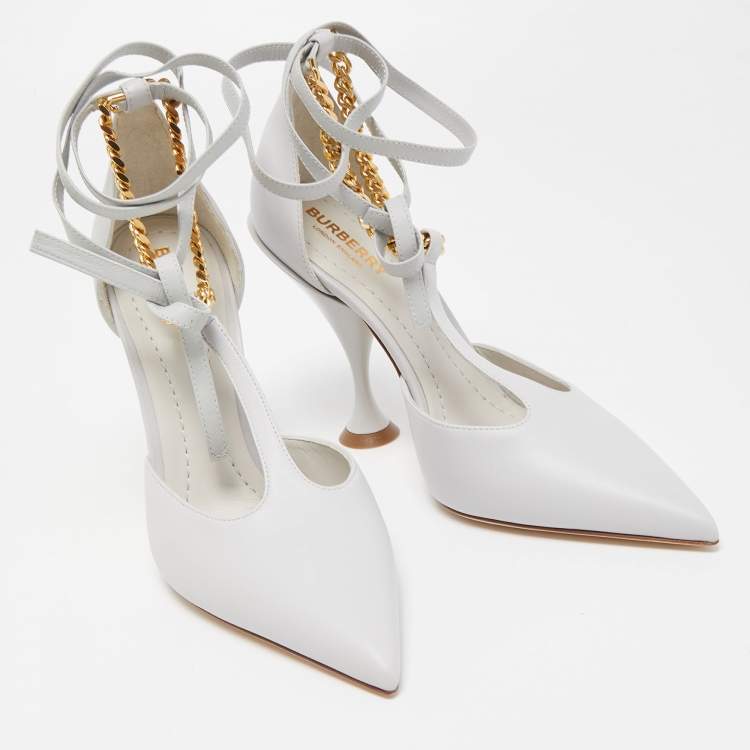 Pre Owned Burberry Pebble Grey Leather Welton Chain Detail T Strap Ankle Tie Pumps Size 36.5