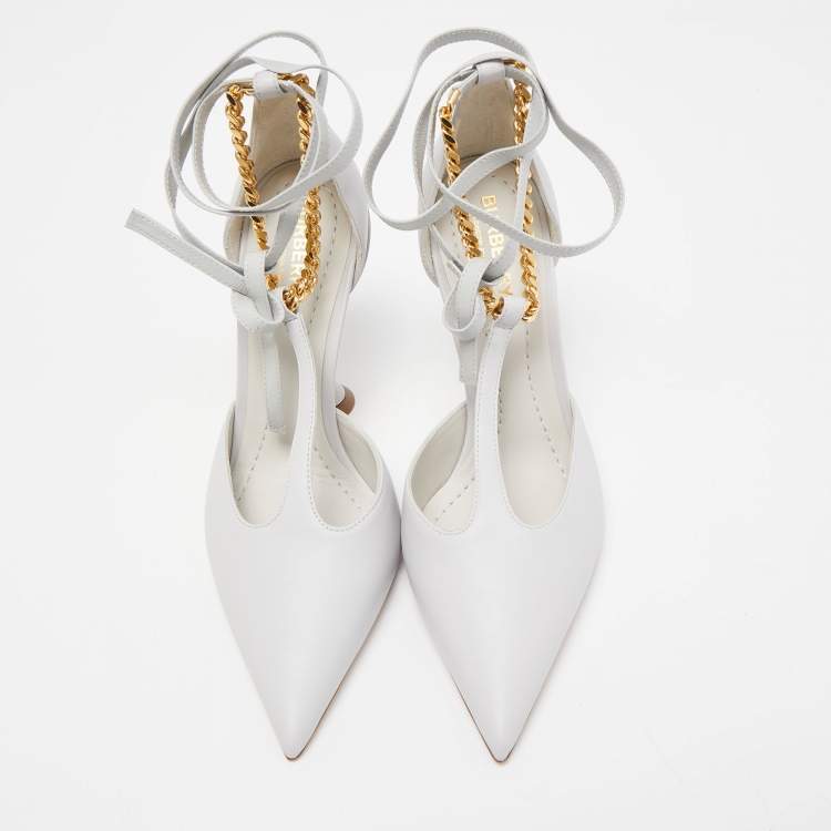Pre Owned Burberry Pebble Grey Leather Welton Chain Detail T Strap Ankle Tie Pumps Size 36.5