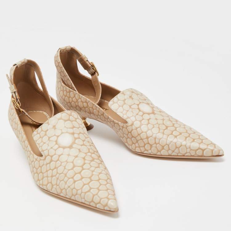 Pre Owned Burberry Brown/ Beige Coated Canvas Ankle Strap Pointed Toe Pumps Size 37.5 