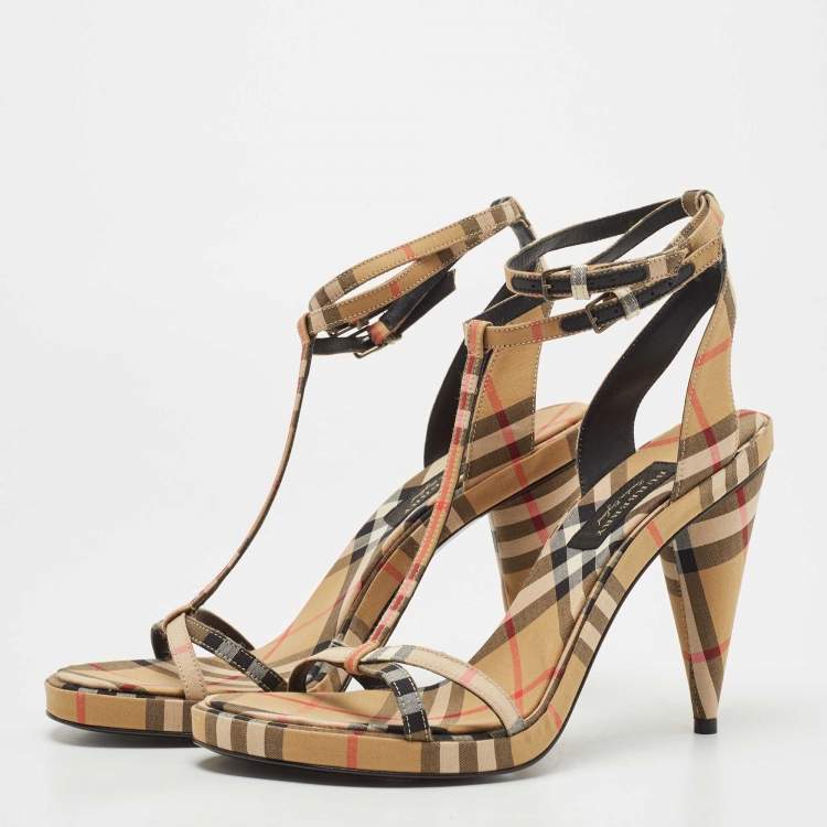 مملوكة مسبقًا Burberry Beige Novacheck Fabric Hans T Strap Sandals Size 39