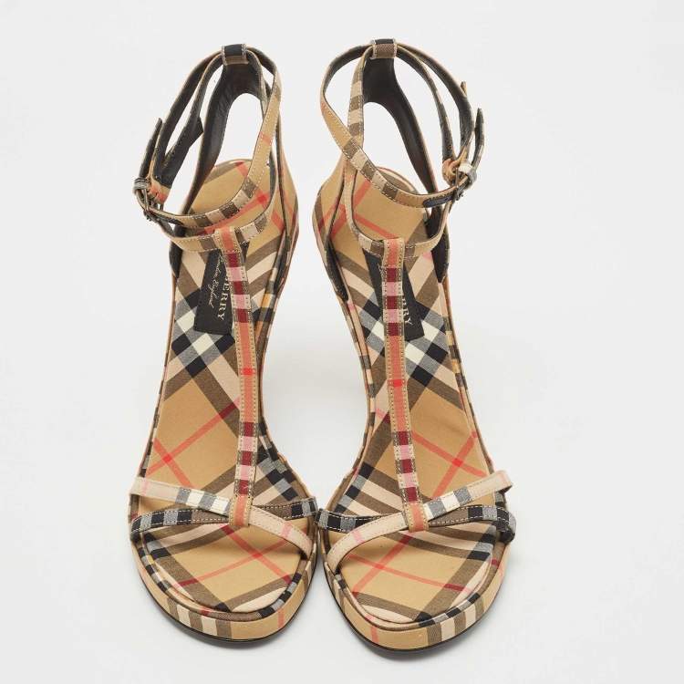 مملوكة مسبقًا Burberry Beige Novacheck Fabric Hans T Strap Sandals Size 39