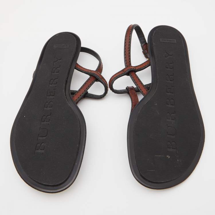 Pre Owned Burberry Brown/Black Leather Flat Thong Sandals Size 37