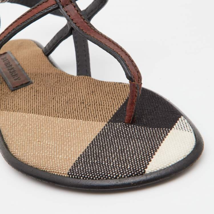 Pre Owned Burberry Brown/Black Leather Flat Thong Sandals Size 37