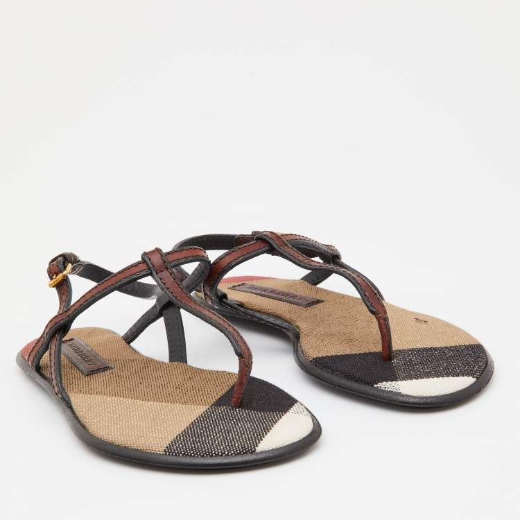 Pre Owned Burberry Brown/Black Leather Flat Thong Sandals Size 37