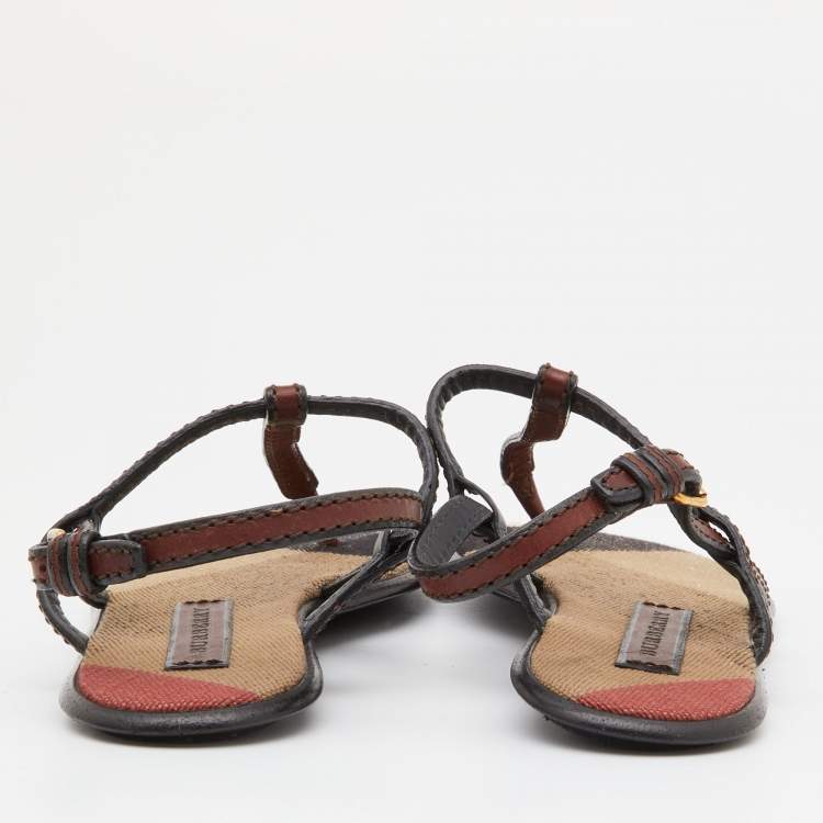 Pre Owned Burberry Brown/Black Leather Flat Thong Sandals Size 37