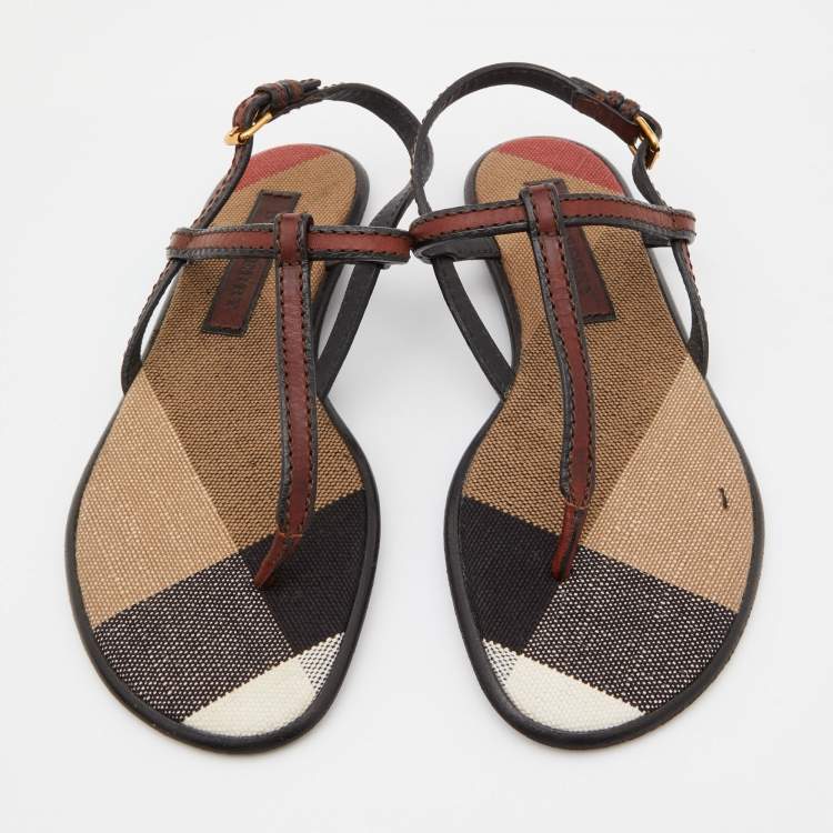 Pre Owned Burberry Brown/Black Leather Flat Thong Sandals Size 37
