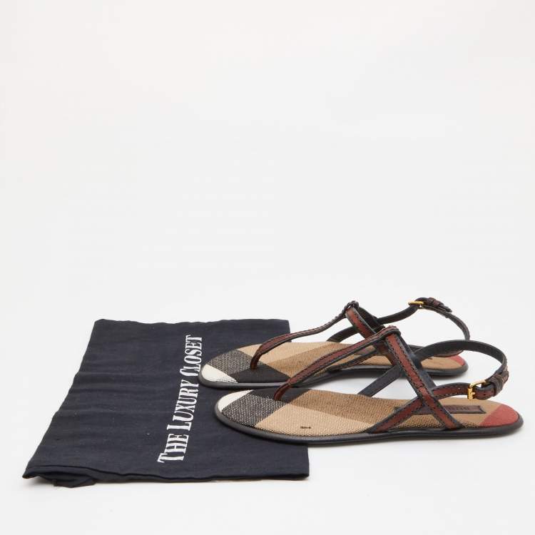 Pre Owned Burberry Brown/Black Leather Flat Thong Sandals Size 37