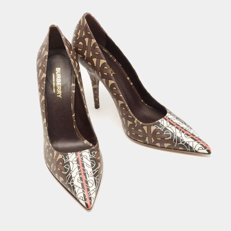 Pre Owned  Burberry Multicolor TB Monogram Leather Pointed Pumps Size 37.5