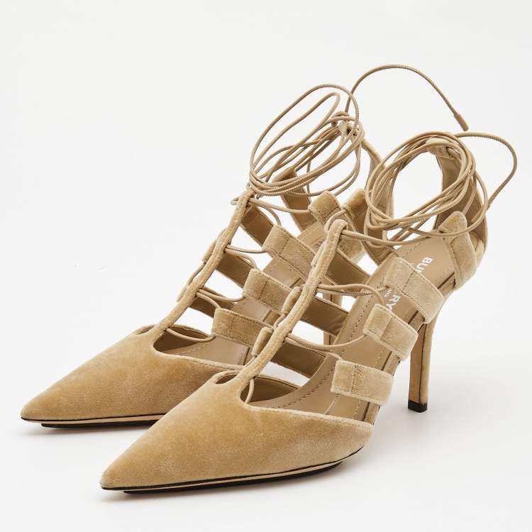Pre Owned Burberry Beige Velvet Pointed Toe Strappy Pumps Size 38