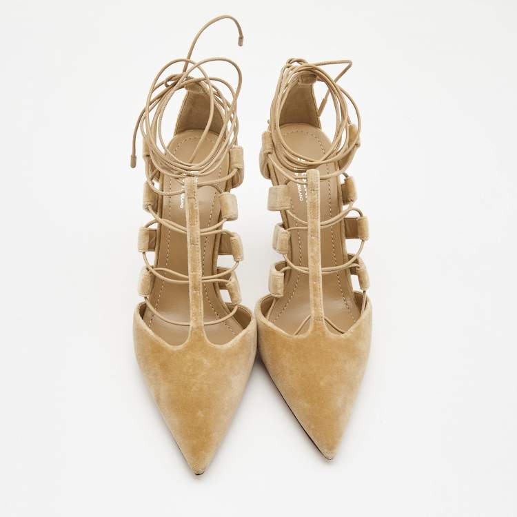 Pre Owned Burberry Beige Velvet Pointed Toe Strappy Pumps Size 38