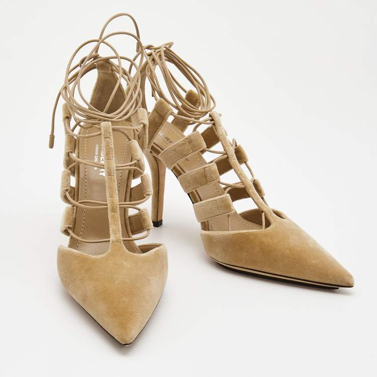 Pre Owned Burberry Beige Velvet Pointed Toe Strappy Pumps Size 38