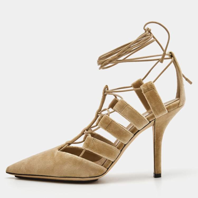 Pre Owned Burberry Beige Velvet Pointed Toe Strappy Pumps Size 38