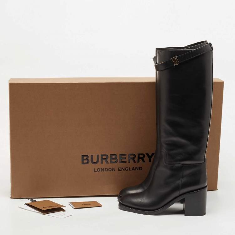 Pre Owned Burberry Black Leather Buckle Knee Length Boots Size 40