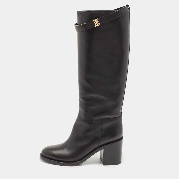Pre Owned Burberry Black Leather Buckle Knee Length Boots Size 40
