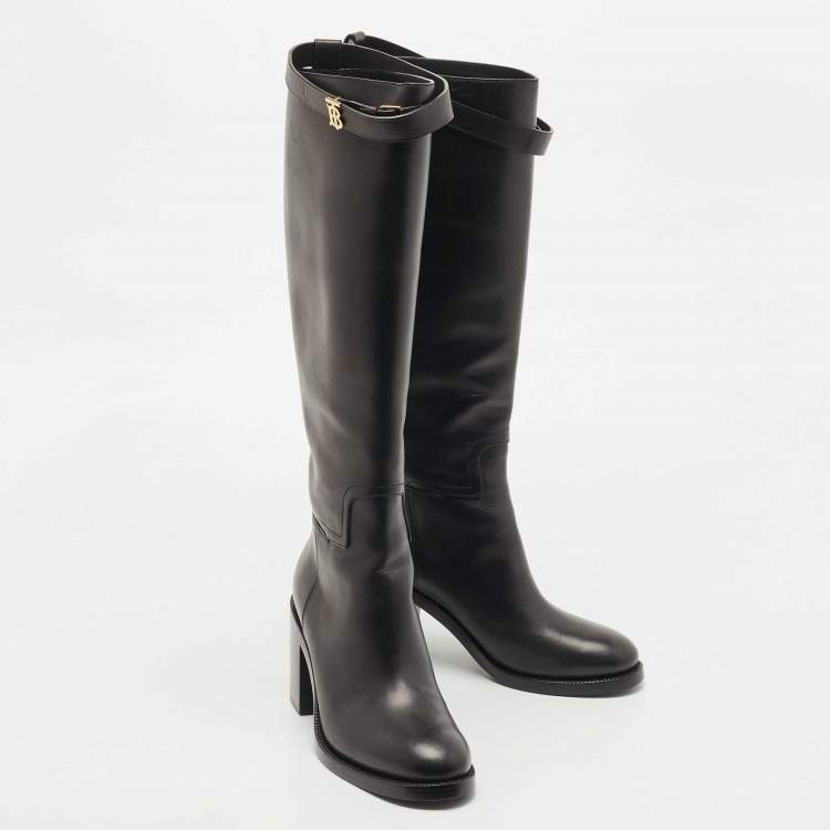 Pre Owned Burberry Black Leather Buckle Knee Length Boots Size 40