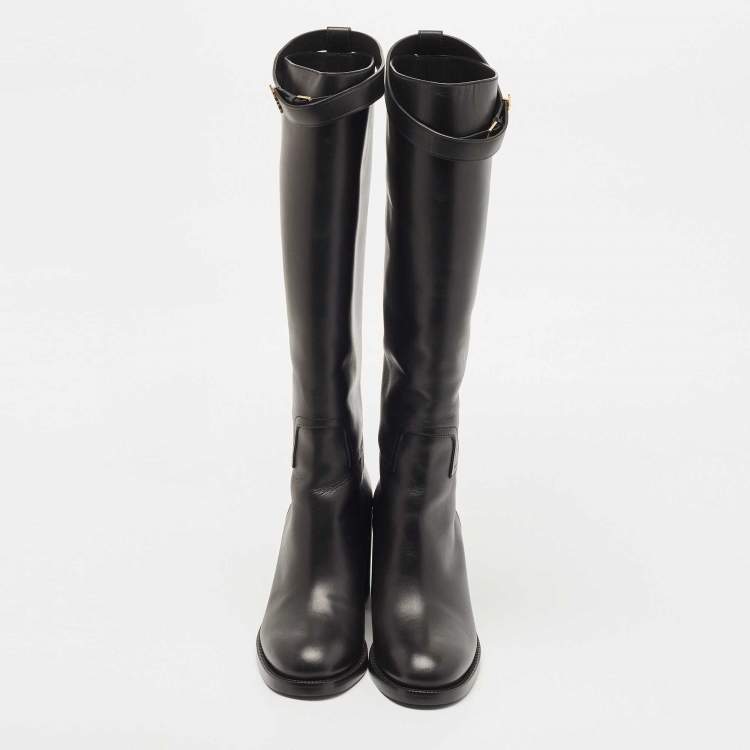 Pre Owned Burberry Black Leather Buckle Knee Length Boots Size 40