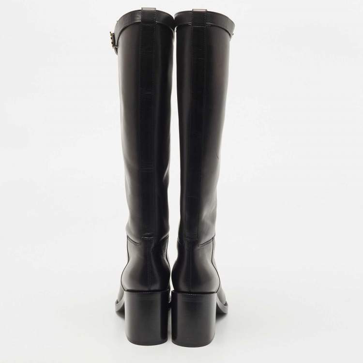 Pre Owned Burberry Black Leather Buckle Knee Length Boots Size 40