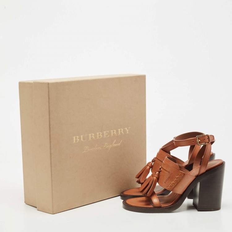مملوكة مسبقًا Burberry Brown Leather Bethany Tassel Detail Block Heel Ankle Strap Sandals Size 37