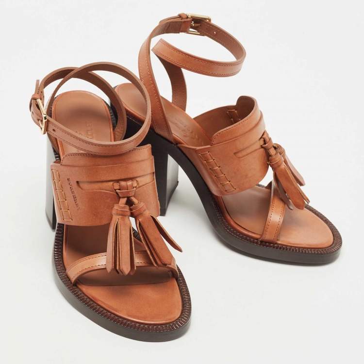 مملوكة مسبقًا Burberry Brown Leather Bethany Tassel Detail Block Heel Ankle Strap Sandals Size 37