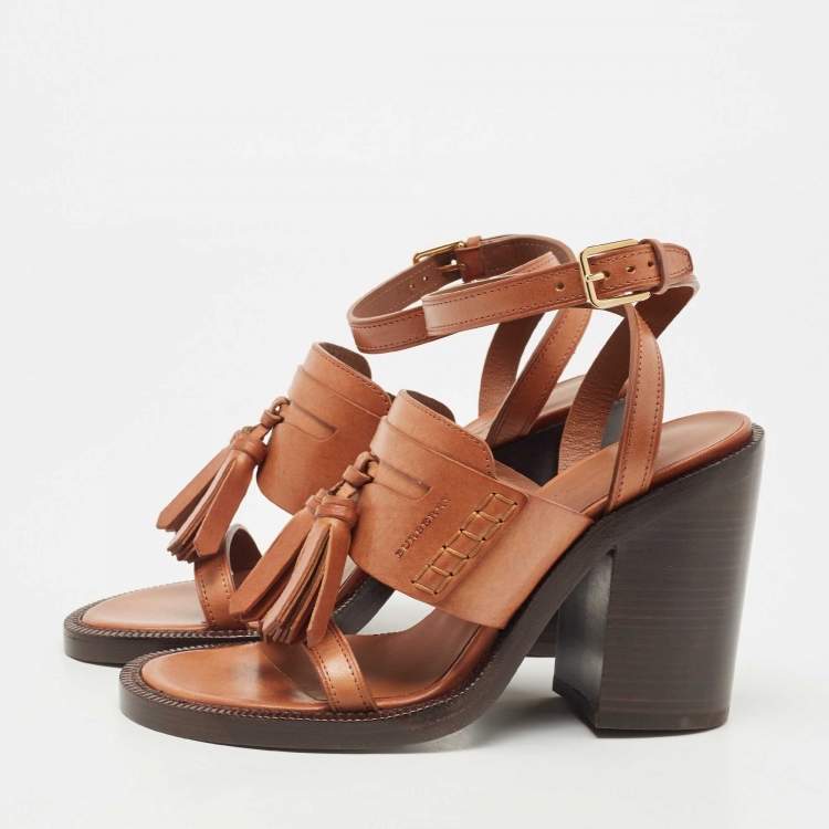 مملوكة مسبقًا Burberry Brown Leather Bethany Tassel Detail Block Heel Ankle Strap Sandals Size 37