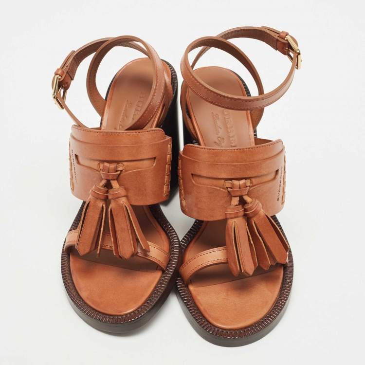 مملوكة مسبقًا Burberry Brown Leather Bethany Tassel Detail Block Heel Ankle Strap Sandals Size 37